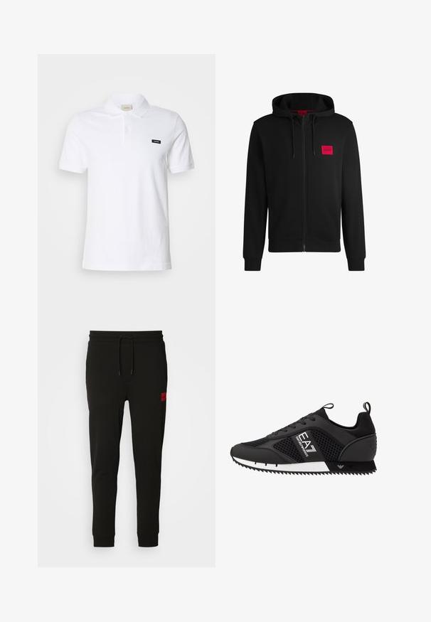 Hoodie zippé noir en tissu doux, avec un patch logo rectangulaire rouge sur la poitrine gauche et une capuche avec cordon de serrage.; Polo shirt en coton blanc avec un col classique, des manches courtes et un petit logo Calvin Klein noir sur la poitrine gauche.; Pantalons de survêtement noirs en tissu doux, avec une taille à cordon, coupe slim et un patch logo rouge sur la cuisse gauche.; EA7 Emporio Armani Baskets basses - black/white