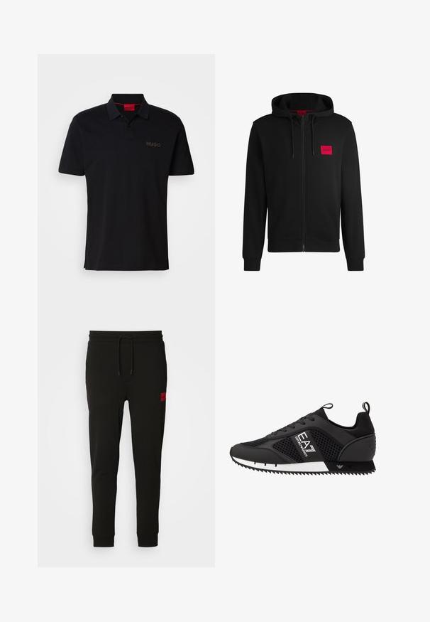 Svart hettejakke med glidelås laget av myk stoff, med et rødt rektangulært logo merke på venstre bryst og snorhette.; Svart polo skjorte laget av bomull med to-knapp placket, korte ermer, og en subtil "HUGO" logo brodert på brystet i en mørkere nyanse.; Sorte joggebukser laget av myk stoff, med snor i midjen, slim fit, og en rød logo-pute på venstre lår.; EA7 Emporio Armani LACES UNISEX - Joggesko - black/white
