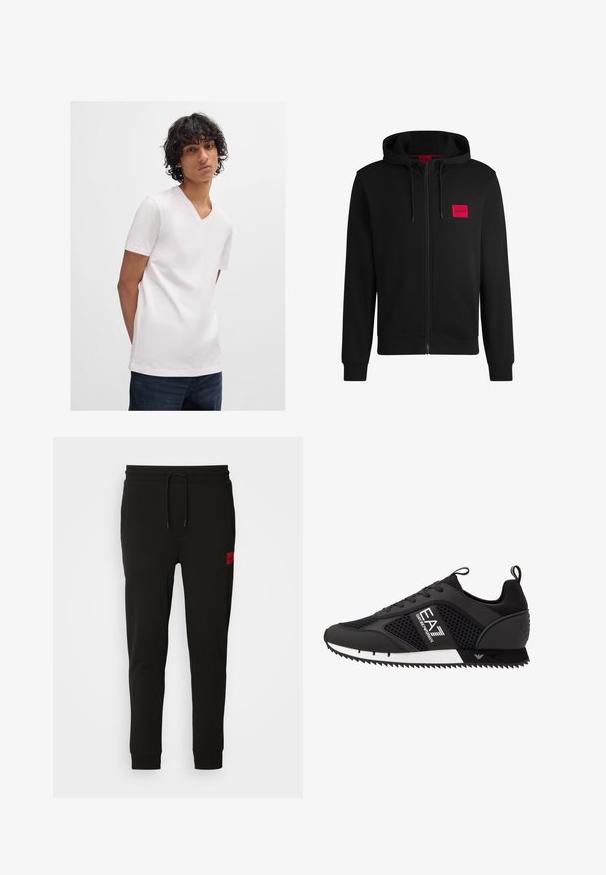 Čierna mikina na zips vyrobená z mäkkej látky, s červeným obdĺžnikovým logom na ľavej hrudi a sťahovacou kapucňou.; Biela polokošeľa s krátkym rukávom a výstrihom do V vyrobená z hladkej, ľahkej látky, skombinovaná s tmavými džínsami. Jednoduchý dizajn, žiadne viditeľné vzory.; Čierne tepláky vyrobené z mäkkého materiálu, s nastaviteľným pásom, slim fit strihom a červeným logom na ľavom stehne.; EA7 Emporio Armani Tenisky - black/white