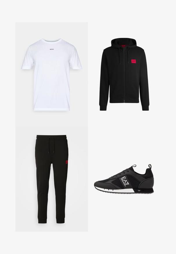 Melnā pieguļošā jaka ar rāvējslēdzēju, izgatavota no mīksta auduma, ar sarkanu taisnstūra formas logo uz kreisā krūtīm un regulējamu kapuci.; Balta, īsa piedurkne sporta T-kreklā ar smalkām vertikālām tekstūrām un uzrakstu "BOSS" centrā uz krūšu daļas.; Melni sporta bikses, kas izgatavotas no mīksta auduma, ar regulējamu jostasvietu, šauru piegriezumu un sarkanu logo uz kreisā augšstilba.; EA7 Emporio Armani LACES UNISEX - Treniņu apavi - black/white