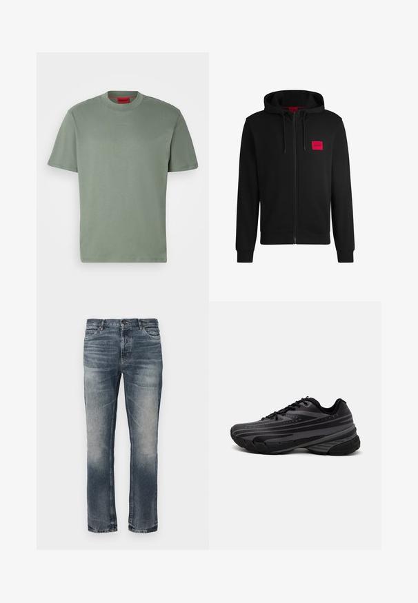 Melnā pieguļošā jaka ar rāvējslēdzēju, izgatavota no mīksta auduma, ar sarkanu taisnstūra formas logo uz kreisā krūtīm un regulējamu kapuci.; Zaļš kokvilnas T-krekls ar apaļu kakla izgriezumu, īsām piedurknēm, ar reljefotu "HUGO" logo atbilstošā tonī uz priekšpuses. Gluda tekstūra.; Zilās džinsu bikses ar taisno kāju griezumu. Gaiši izbalējušas vietas, klasiskā piecu kabatu dizains un viens metāla pogu aizvēršanas variants jostas vietā.; Melnas skriešanas kurpes ar teksturētu virsu, kurai ir pelēkas svītras. Biezs zole nodrošina amortizāciju, apaļa purngalu un plakanas šņorītes, lai nodrošinātu drošu piegulšanu.