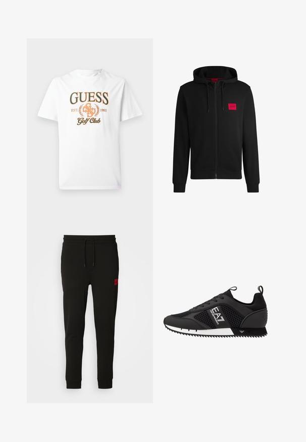 Schwarze Zip-Hoodie aus weichem Stoff, mit einem roten rechteckigen Logo-Patch auf der linken Brust und Kapuze mit Kordelzug.; Weißes T-Shirt aus Baumwolle mit orangefarbenem "GUESS Golf Club"-Grafikdesign, umrahmt von Lorbeerakzenten und dem Gründungsjahr 1981. Klassisches Rundhalsdesign.; Schwarze Sweatpants aus weichem Stoff, mit einem Kordelzugbund, schmaler Passform und einem rotenLOGO-Patch am linken Oberschenkel.; EA7 Emporio Armani Sneaker low - black/white
