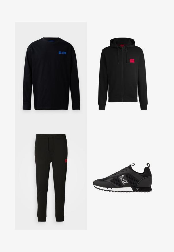 Čierna mikina na zips vyrobená z mäkkej látky, s červeným obdĺžnikovým logom na ľavej hrudi a sťahovacou kapucňou.; Čierne tričko s dlhým rukávom vyrobené z bavlny, so modrým logom na hrudi. Jednoduchý dizajn s okrúhlym výstrihom a rovnou siluetou.; Čierne tepláky vyrobené z mäkkého materiálu, s nastaviteľným pásom, slim fit strihom a červeným logom na ľavom stehne.; EA7 Emporio Armani Tenisky - black/white