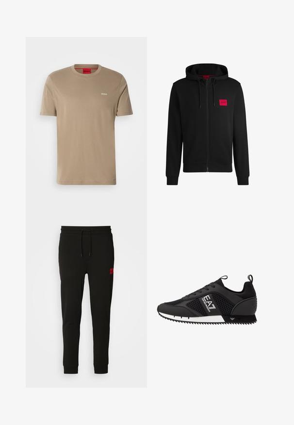 Svart hettejakke med glidelås laget av myk stoff, med et rødt rektangulært logo merke på venstre bryst og snorhette.; Beige bomull T-skjorte med rund hals, korte ermer og liten grønn "HUGO"-logo på brystet. Glatt tekstur, avslappet passform.; Sorte joggebukser laget av myk stoff, med snor i midjen, slim fit, og en rød logo-pute på venstre lår.; EA7 Emporio Armani Joggesko - black/white