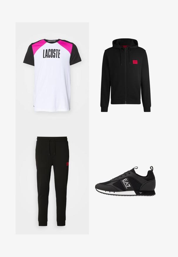 Svart hettejakke med glidelås laget av myk stoff, med et rødt rektangulært logo merke på venstre bryst og snorhette.; Hvit t-skjorte med korte ermer som har rosa og svarte raglaner, stor "LACOSTE" tekst foran, og en liten logo ved kanten.; Sorte joggebukser laget av myk stoff, med snor i midjen, slim fit, og en rød logo-pute på venstre lår.; EA7 Emporio Armani Joggesko - black/white
