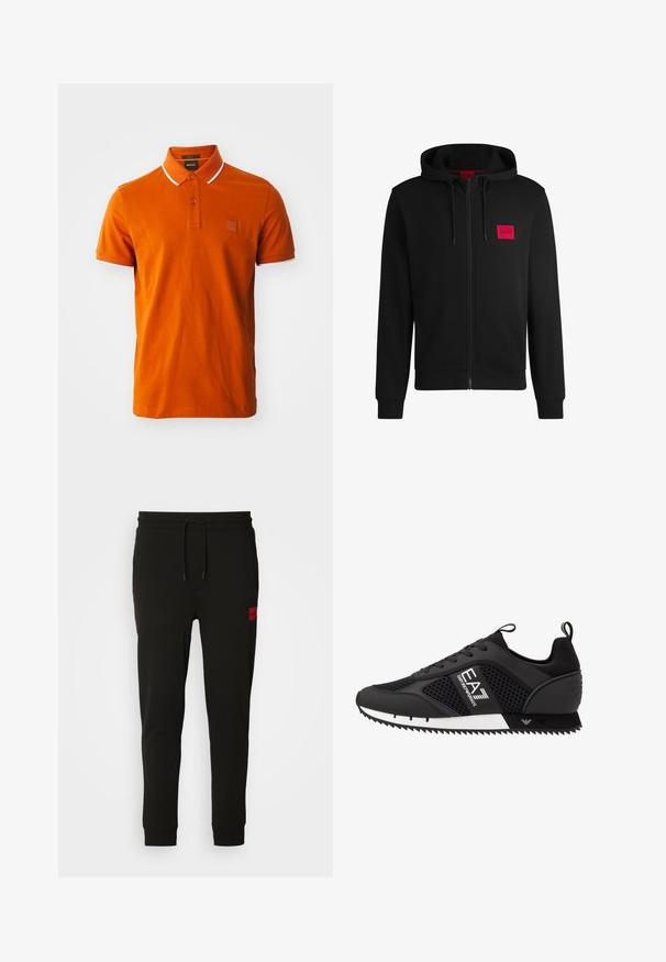 Zwarte zip-up hoodie van zacht materiaal, met een rood rechthoekig logo patch op de linkerborst en een verstelbare capuchon.; Oranje polo shirt van katoen, met een twee-knops sluiting, witte accenten op de kraag en mouwen, en een gebrandmerkte patch.; Zwarte sweatpants van zacht stof, met een koord in de taille, een slim fit en een rood logopatch op de linker dij.; EA7 Emporio Armani LACES UNISEX - Sneakers laag - black/white