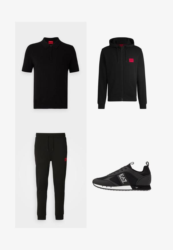 Čierna mikina na zips vyrobená z mäkkej látky, s červeným obdĺžnikovým logom na ľavej hrudi a sťahovacou kapucňou.; Čierna polo košeľa vyrobená z hladkej bavlny. Má klasický golier, krátke rukávy a červenú nášivku pri výstrihu. Bez vzorov alebo akcentov.; Čierne tepláky vyrobené z mäkkého materiálu, s nastaviteľným pásom, slim fit strihom a červeným logom na ľavom stehne.; EA7 Emporio Armani LACES UNISEX - Tenisky - black/white