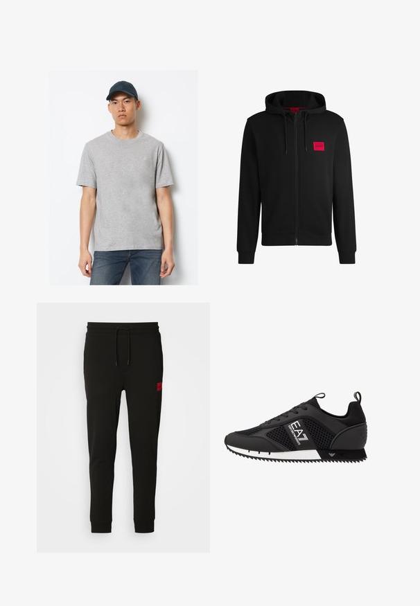 Black zip-up hoodie made of soft fabric, featuring a red rectangular logo patch on the left chest and drawstring hood.; Gray cotton T-shirt with short sleeves and a crew neckline, paired with dark blue jeans and a matching cap with a logo on the front.; Black sweatpants made of soft fabric, featuring a drawstring waist, slim fit, and a red logo patch on the left thigh.; EA7 Emporio Armani Trainers - black/white