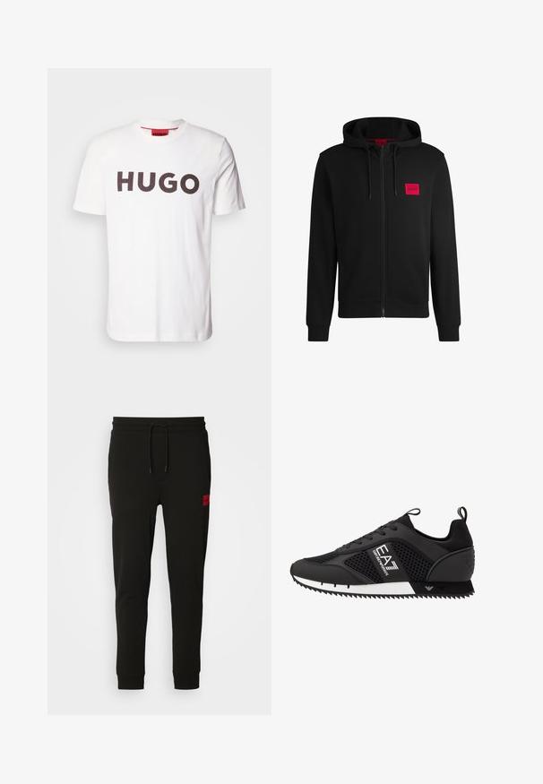 Melnā pieguļošā jaka ar rāvējslēdzēju, izgatavota no mīksta auduma, ar sarkanu taisnstūra formas logo uz kreisā krūtīm un regulējamu kapuci.; Balta kokvilnas T-kreklā ar spilgti tumši brūnu "HUGO" logotipu priekšpusē. Klasiska apaļa kakla izgriezums un īsās piedurknes. Gluda tekstūra, minimāls dizains.; Melni sporta bikses, kas izgatavotas no mīksta auduma, ar regulējamu jostasvietu, šauru piegriezumu un sarkanu logo uz kreisā augšstilba.; EA7 Emporio Armani LACES UNISEX - Treniņu apavi - black/white