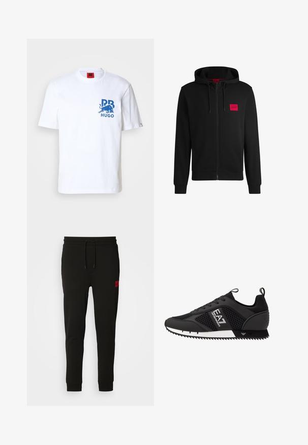 Sudadera negra con cremallera hecha de un tejido suave, con un parche rectangular rojo en el lado izquierdo del pecho y capucha con cordón.; Camiseta de algodón blanca con un gráfico azul de un toro y el texto "HUGO." Cuello redondo y mangas cortas con un corte relajado.; Pantalones de chándal negros hechos de tela suave, con cintura ajustable con cordón, corte slim y un parche de logo rojo en el muslo izquierdo.; EA7 Emporio Armani LACES UNISEX - Zapatillas - black/white