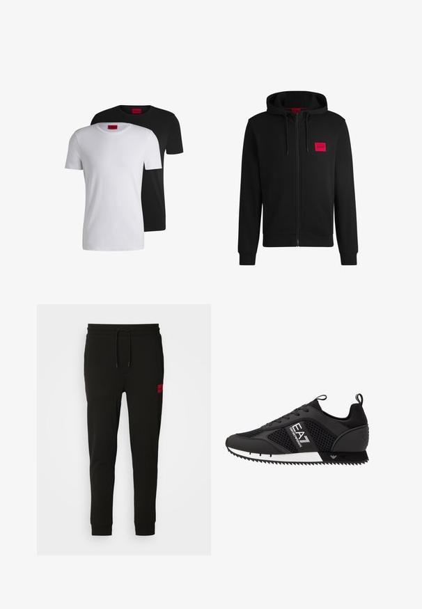Hanorac negru cu fermoar, fabricat dintr-un material moale, cu un patch rectangular roșu pe pieptul stâng și glugă cu șnur.; Două tricouri din bumbac, unul alb și unul negru, cu mâneci scurte și guler rotund, având o etichetă roșie proeminentă la guler.; Pantaloni de trening negri, confecționați dintr-un material moale, cu talie ajustabilă prin șnur, croi slim și un logo roșu pe coapsa stângă.; EA7 Emporio Armani LACES UNISEX - Sneakers low - black/white
