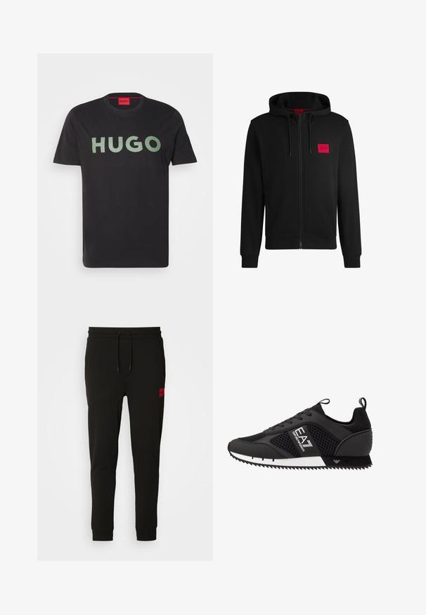 Moleton preto com fecho, feito de um tecido suave, apresentando um patch de logo retangular vermelho no lado esquerdo do peito e capuz com cordão.; T-shirt de algodão preta com um grande e ousado logotipo verde "HUGO" atravessando o peito. Decote clássico em crew e mangas curtas. Fundo liso.; Calças de treino pretas feitas de um tecido macio, com cintura elástica ajustável, ajuste slim e um emblema vermelho na coxa esquerda.; EA7 Emporio Armani LACES UNISEX - Sapatilhas - black/white