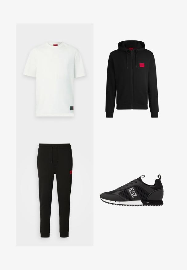 Svart zip-up huvtröja gjord av mjukt tyg, med en röd rektangulär logotyp på vänster bröst och dragsko i huvan.; Vit bomullst-shirt med rund halsringning, korta ärmar och en röd logotypetikett på nedre vänstra sidan. Slät textur, standardpassform.; Svarta sweatpants i mjukt material, med dragsko i midjan, slim fit och en röd logotyp på vänster lår.; EA7 Emporio Armani Sneakers - black/white