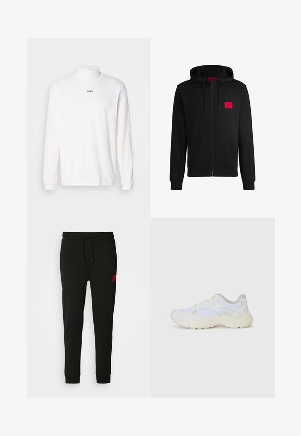 Svart hettejakke med glidelås laget av myk stoff, med et rødt rektangulært logo merke på venstre bryst og snorhette.; Hvit langermet turtleneck skjorte laget av mykt stoff, med en subtil svart "HUGO" logo foran, med tettsittende mansjetter.; Sorte joggebukser laget av myk stoff, med snor i midjen, slim fit, og en rød logo-pute på venstre lår.; Hvit idrettssko laget av mesh og skinn, med en teksturert mellomsåle, teksturerte detaljer og "HUGO"-logo på siden.