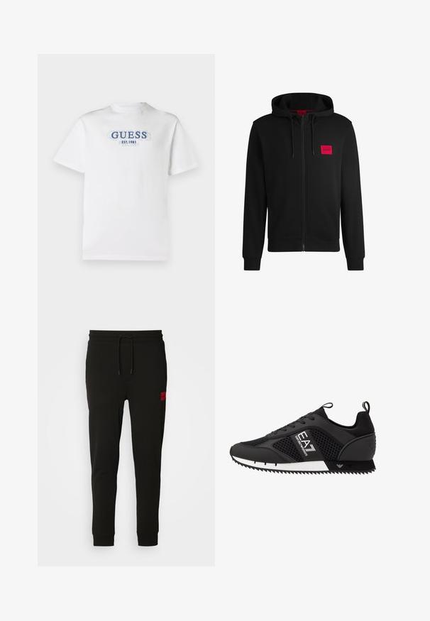 Zwarte zip-up hoodie van zacht materiaal, met een rood rechthoekig logo patch op de linkerborst en een verstelbare capuchon.; Witte t-shirt met korte mouwen en blauw gelaagd "GUESS EST. 1981" tekst in het midden van de borst.; Zwarte sweatpants van zacht stof, met een koord in de taille, een slim fit en een rood logopatch op de linker dij.; EA7 Emporio Armani Sneakers laag - black/white