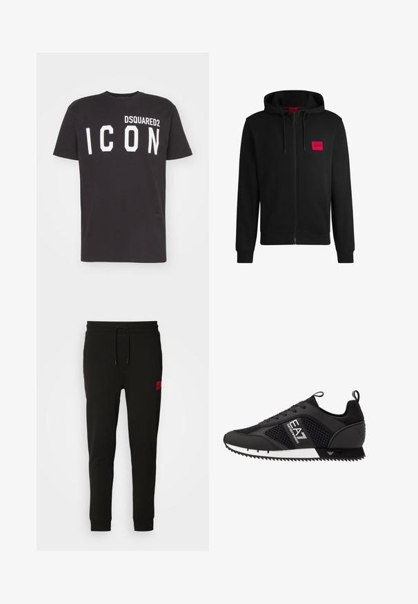 Black zip-up hoodie made of soft fabric, featuring a red rectangular logo patch on the left chest and drawstring hood.; Black cotton T-shirt featuring a crew neck and short sleeves, with "DSQUARED2 ICON" printed in bold white letters on the front.; Black sweatpants made of soft fabric, featuring a drawstring waist, slim fit, and a red logo patch on the left thigh.; EA7 Emporio Armani Trainers - black/white