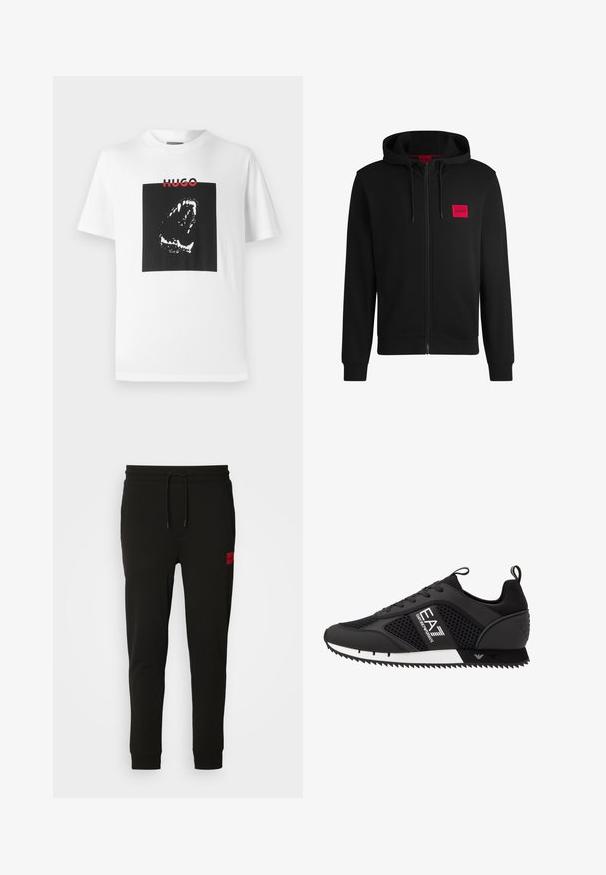 Μαύρο φούτερ με φερμουάρ φτιαγμένο από μαλακό ύφασμα, με κόκκινο ορθογώνιο λογότυπο στη αριστερή πλευρά του στήθους και κουκούλα με κορδόνι.; Λευκό βαμβακερό t-shirt με μεγάλη μαύρη τετράγωνη γραφιστική απεικόνιση ενός καλλιτεχνικά σχεδιασμένου στόματος και κόκκινο κείμενο "HUGO" από πάνω.; Μαύρο φούτερ παντελόνι από μαλακό ύφασμα, με κορδόνι στη μέση, εφαρμογή slim και κόκκινο λογότυπο στη αριστερή μηριαία περιοχή.; EA7 Emporio Armani LACES UNISEX - Αθλητικά παπούτσια - black/white