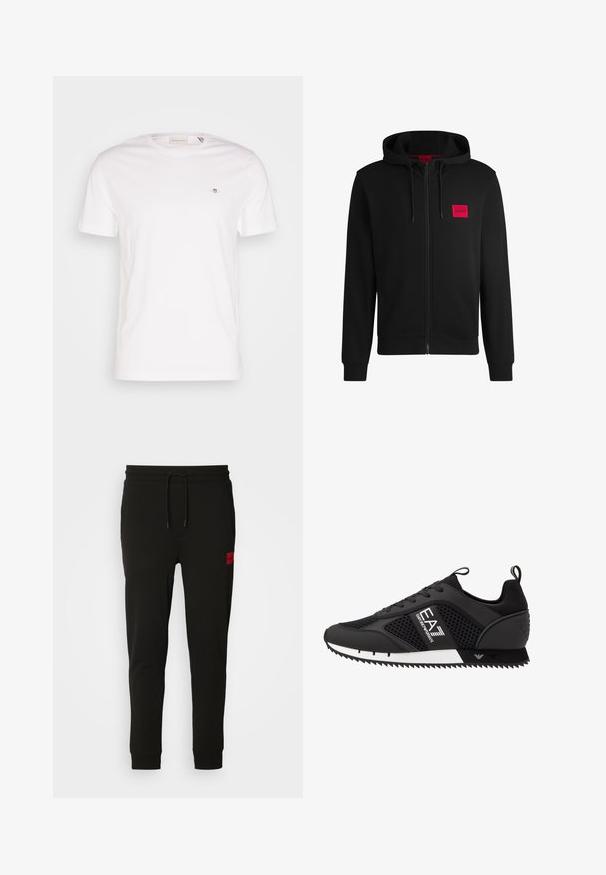 Schwarze Zip-Hoodie aus weichem Stoff, mit einem roten rechteckigen Logo-Patch auf der linken Brust und Kapuze mit Kordelzug.; Weißes Baumwoll-T-Shirt mit Rundhalsausschnitt, kurzen Ärmeln und einem kleinen gestickten Logo auf der Brust. Weiche Textur, schlichtes Design.; Schwarze Sweatpants aus weichem Stoff, mit einem Kordelzugbund, schmaler Passform und einem rotenLOGO-Patch am linken Oberschenkel.; EA7 Emporio Armani Sneaker low - black/white
