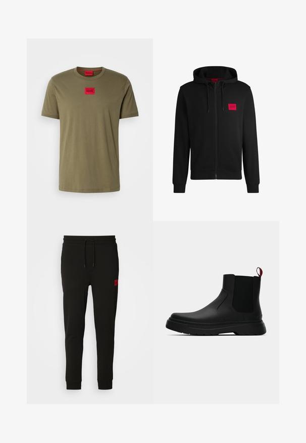 Hanorac negru cu fermoar, fabricat dintr-un material moale, cu un patch rectangular roșu pe pieptul stâng și glugă cu șnur.; Tricou din bumbac de culoare verde măsliniu, cu guler rotund, mâneci scurte și un logo pătrat roșu aplicat pe piept. Textură netedă.; Pantaloni de trening negri, confecționați dintr-un material moale, cu talie ajustabilă prin șnur, croi slim și un logo roșu pe coapsa stângă.; Botine negre până la gleznă, cu un finisaj neted, panouri laterale elastice și un tab de prindere roșu contrastant, având o talpă groasă din cauciuc și vârf rotunjit.