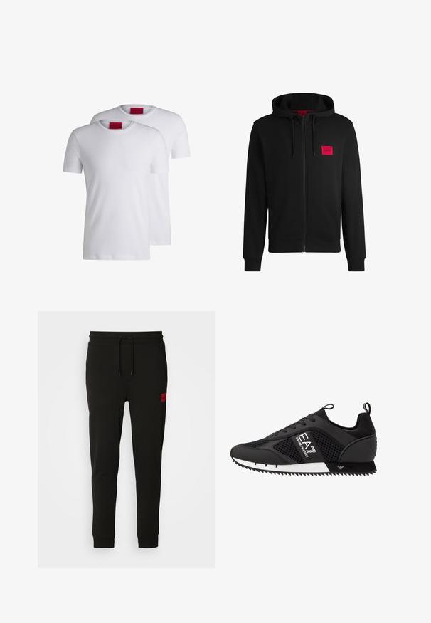 Sort zip-hoodie lavet af blødt stof, med et rødt rektangulært logo patch på venstre bryst og hætte med snore.; To ensfarvede hvide crew neck t-shirts med korte ærmer, lavet af bomuld, der har et rødt HUGO mærke ved halsen. Ingen mønstre eller grafik.; Sorte sweatpants lavet af blødt stof, med elastik i taljen, slim fit og et rødt logo-patch på venstre lår.; EA7 Emporio Armani LACES UNISEX - Sneakers - black/white