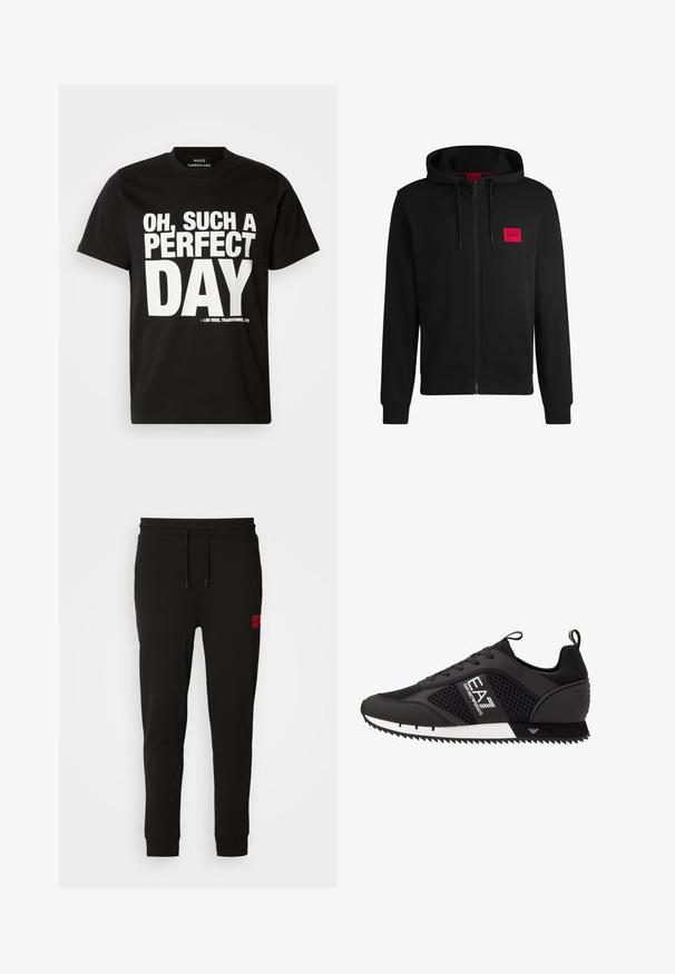 Melnā pieguļošā jaka ar rāvējslēdzēju, izgatavota no mīksta auduma, ar sarkanu taisnstūra formas logo uz kreisā krūtīm un regulējamu kapuci.; Melnas īsām piedurknēm T-krekls, izgatavots no kokvilnas, ar izteiksmīgu baltu tekstu: "OH, SUCH A PERFECT DAY", ar atsauci uz Lū Rīda albumu.; Melni sporta bikses, kas izgatavotas no mīksta auduma, ar regulējamu jostasvietu, šauru piegriezumu un sarkanu logo uz kreisā augšstilba.; EA7 Emporio Armani LACES UNISEX - Treniņu apavi - black/white