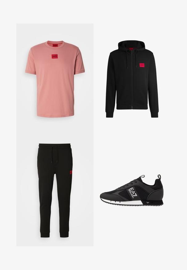 Mustapintainen vetoketjuhuppari, joka on valmistettu pehmeästä kankaasta. Vasemmassa rinnassa on punainen suorakulmainen logopatja ja siinä on kiristettävä huppu.; Vaaleanpunainen puuvillapaita pyöreällä kaula-aukolla ja lyhyillä hihoilla, jossa on neliön muotoinen punainen logo-otsikko rinnassa. Sileä rakenne, rento sääntö.; Mustat collegehousut, jotka on valmistettu pehmeästä kankaasta, jossa on nyörikiinnitys vyötäröllä, slim fit -malli ja punainen logopatchi vasemmassa reidessä.; EA7 Emporio Armani Matalavartiset tennarit - black/white