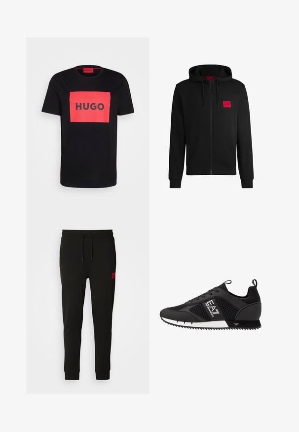 Melnā pieguļošā jaka ar rāvējslēdzēju, izgatavota no mīksta auduma, ar sarkanu taisnstūra formas logo uz kreisā krūtīm un regulējamu kapuci.; Melnās kokvilnas T-krekls ar lielu sarkanu taisnstūra grafiku, kurā vidū ir vārds "HUGO" uzrakstīts treknrakstā melnās burtiem. Apaļa kakla izgriezums.; Melni sporta bikses, kas izgatavotas no mīksta auduma, ar regulējamu jostasvietu, šauru piegriezumu un sarkanu logo uz kreisā augšstilba.; EA7 Emporio Armani LACES UNISEX - Treniņu apavi - black/white