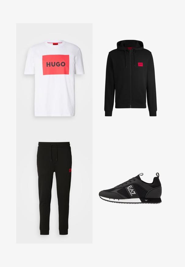 Černá zipová mikina vyrobená z měkké tkaniny, s červeným obdélníkovým logem na levé hrudi a kapucí na šňůrku.; Bílý bavlněný tričko s červenou obdélníkovou grafikou a tučným černým textem "HUGO" ve středu. Krátké rukávy, design s kulatým výstřihem.; Černé teplákové kalhoty vyrobené z měkké tkaniny, s elastickým pasem na šňůrku, úzkým střihem a červenou nášivkou loga na levém stehně.; EA7 Emporio Armani LACES UNISEX - Tenisky - black/white