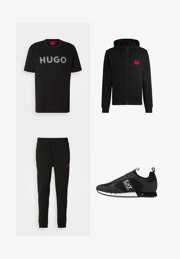 Juodas zip-up hoodie, pagamintas iš minkštos medžiagos, su raudonu stačiakampiu logotipo emblema kairiajame krūtinės šone ir su reguliuojama kapuce.; Juodas medvilninis marškinėlis su ryškiu „HUGO“ logotipu, kuris yra dviejų spalvų raštu per krūtinę. Suapvalintas kaklas, trumpomis rankovėmis.; Juodos sportinės kelnės, pagamintos iš minkštos medžiagos, su raišteliu juosmens srityje, siaura fasonu ir raudonu logotipo ženkleliu kairėje šlaunyje.; EA7 Emporio Armani LACES UNISEX - Sportbačiai - black/white