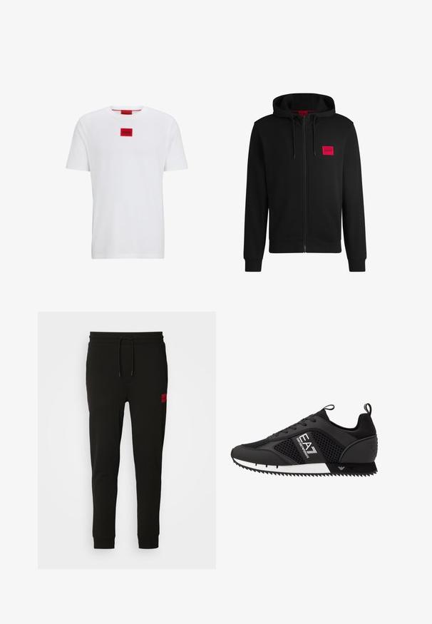 Sort zip-hoodie lavet af blødt stof, med et rødt rektangulært logo patch på venstre bryst og hætte med snore.; Hvid bomulds T-shirt med korte ærmer, prydet med et rødt firkantet logo-patch i midten og en rund halsudskæring.; Sorte sweatpants lavet af blødt stof, med elastik i taljen, slim fit og et rødt logo-patch på venstre lår.; EA7 Emporio Armani LACES UNISEX - Sneakers - black/white