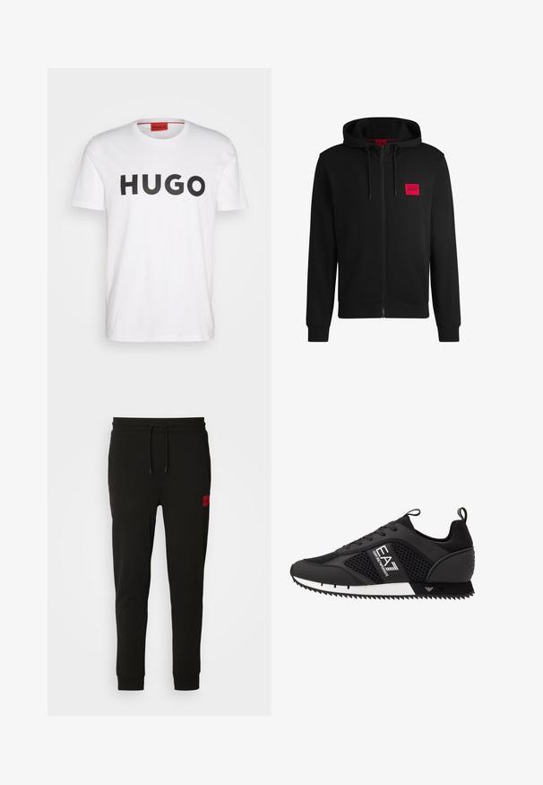Juodas zip-up hoodie, pagamintas iš minkštos medžiagos, su raudonu stačiakampiu logotipo emblema kairiajame krūtinės šone ir su reguliuojama kapuce.; Balta medvilninė marškinėliai su ryškiu juodu užrašu "HUGO" ant priekio. Apvalus iškirpimas ir trumpomis rankovėmis. Lygi tekstūra.; Juodos sportinės kelnės, pagamintos iš minkštos medžiagos, su raišteliu juosmens srityje, siaura fasonu ir raudonu logotipo ženkleliu kairėje šlaunyje.; EA7 Emporio Armani LACES UNISEX - Sportbačiai - black/white