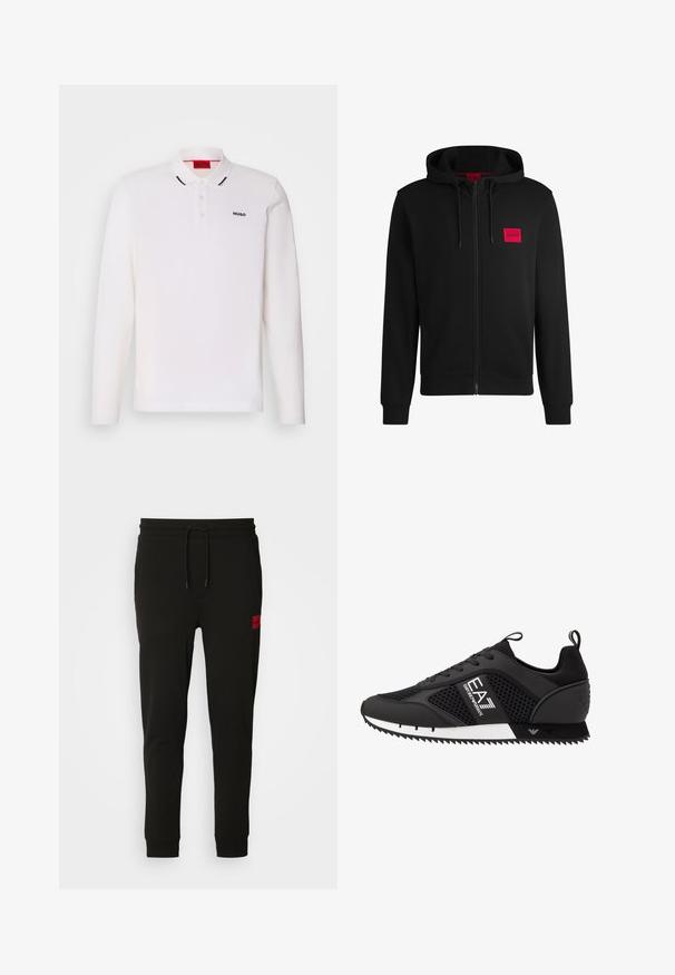 Čierna mikina na zips vyrobená z mäkkej látky, s červeným obdĺžnikovým logom na ľavej hrudi a sťahovacou kapucňou.; Biela polo košeľa s dlhým rukávom vyrobená z hladkého materiálu. Obsahuje dvojité zapínanie na gombíky, čierne logo a kontrastné detaily na golieri.; Čierne tepláky vyrobené z mäkkého materiálu, s nastaviteľným pásom, slim fit strihom a červeným logom na ľavom stehne.; EA7 Emporio Armani Tenisky - black/white
