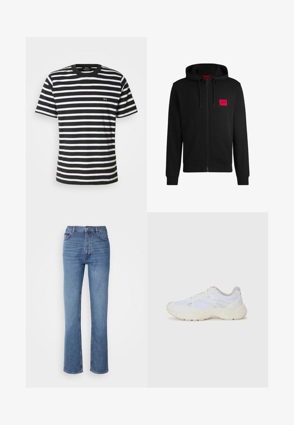 Sort zip-hoodie lavet af blødt stof, med et rødt rektangulært logo patch på venstre bryst og hætte med snore.; Stribet t-shirt i sort og hvid med rund hals, korte ærmer og et lille broderet "MN" på forsiden. Lavet af blødt bomuldsstof.; Blå denimjeans med høj talje, lige ben-design og subtilt slid. Har klassisk fem-lommers stil og lynlås lukning.; Hvide sportssko lavet af mesh og ruskind, med en struktureret mellemsål, strukturerede detaljer og "HUGO"-logoet på siden.