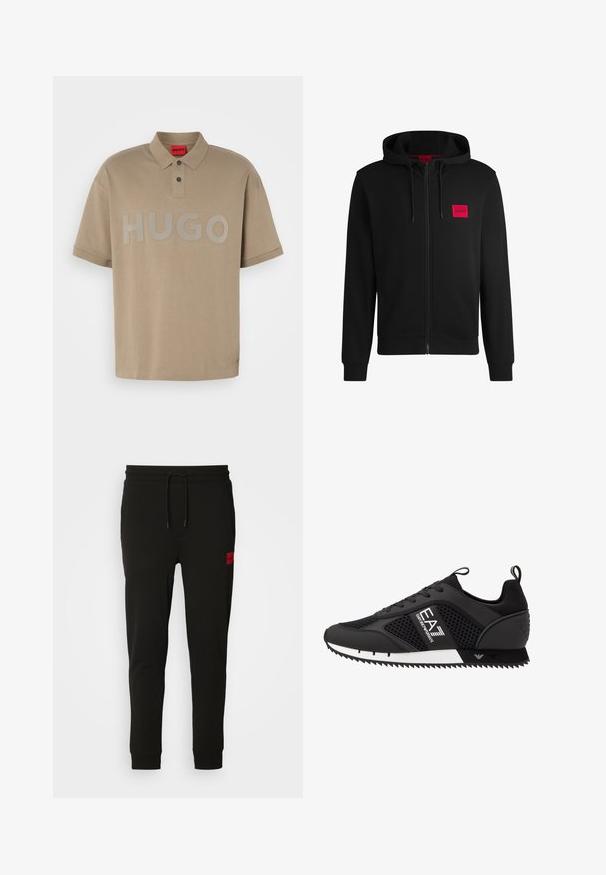 Black zip-up hoodie made of soft fabric, featuring a red rectangular logo patch on the left chest and drawstring hood.; Beige polo shirt with a collared neck, short sleeves, and a large gray "HUGO" logo on the front. Features two-button placket.; Black sweatpants made of soft fabric, featuring a drawstring waist, slim fit, and a red logo patch on the left thigh.; EA7 Emporio Armani LACES UNISEX - Trainers - black/white
