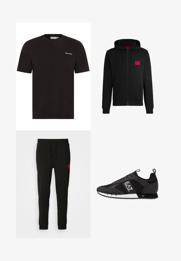Melnā pieguļošā jaka ar rāvējslēdzēju, izgatavota no mīksta auduma, ar sarkanu taisnstūra formas logo uz kreisā krūtīm un regulējamu kapuci.; Melns īsais piedurkņu T-krekls, kas izgatavots no kokvilnas. Tam ir apaļa kakla izgriezuma forma un neliels balts "Calvin Klein" logo uz kreisā krūšu daļa.; Melni sporta bikses, kas izgatavotas no mīksta auduma, ar regulējamu jostasvietu, šauru piegriezumu un sarkanu logo uz kreisā augšstilba.; EA7 Emporio Armani Treniņu apavi - black/white
