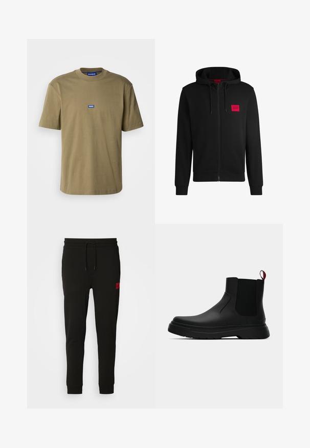 Mustapintainen vetoketjuhuppari, joka on valmistettu pehmeästä kankaasta. Vasemmassa rinnassa on punainen suorakulmainen logopatja ja siinä on kiristettävä huppu.; Oliivihreä puuvillat-paita, pyöreä kaula-auko, lyhyet hihat, jossa on sininen suorakulmainen logo, jossa lukee "HUGO" edessä, sileä pinta.; Mustat collegehousut, jotka on valmistettu pehmeästä kankaasta, jossa on nyörikiinnitys vyötäröllä, slim fit -malli ja punainen logopatchi vasemmassa reidessä.; Musta nilkkuri, jossa on sileä pinta, elastiset sivupaneelit ja erottuva punainen vetonauha, paksu kumipohja ja pyöristetty varvas.