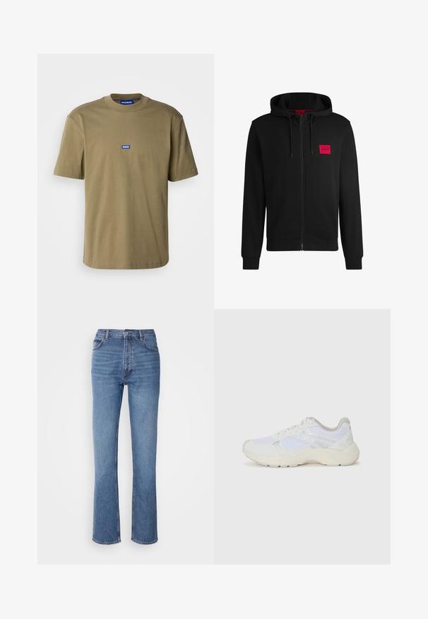 Fekete zipzáras kapucnis pulóver, puha anyagból készült, bal mellen piros téglalap alakú logóval és állítható kapucnival.; Olívazöld pamut póló, kerek nyakkivágású, rövid ujjú, az elején egy kék téglalap alakú logó található "HUGO" felirattal, sima tapintású.; Kék farmernadrág magas derékkal, egyenes szabású dizájnnal és enyhe kopással. Jellemzője az klasszikus öt zsebes kialakítás és cipzáras zárás.; Fehér sportcipők, amelyek hálós és velúr anyagból készültek, texturált középtalppal, texturált részletekkel és a "HUGO" logóval az oldalon.
