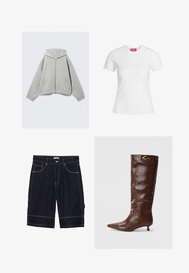 Grijze rits-hybride hoodie gemaakt van een zachte katoenmix, met een capuchon, kangoeroezakken en geribbelde mouwen. Ontspannen oversized pasvorm.; Witte katoenen t-shirt met korte mouwen en een ronde hals. Bevat een roze label aan de binnenkant van de hals. Soepele textuur.; Donkerdenim shorts met contrasterende stiksels, vijf zakken, een knoopsluiting en een recht verwijd ontwerp. Geen zichtbare patronen of texturen.; Bruine leren kniehoge laarzen met krokodillenpatroon, met een puntige neus en een kleine, vierkante hak. Voorzien van een gouden accent in de vorm van een diamant.