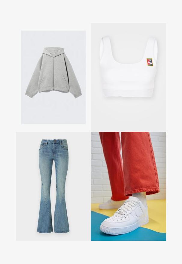 Gray zip-up hoodie made of soft cotton blend, featuring a hood, kangaroo pockets, and ribbed cuffs. Relaxed oversized fit.; Nike Sportswear YOON - Top - white; Light blue flared jeans made from denim. Features a front button closure, five pockets, and subtle fading for texture.; White leather sneaker with perforated toe box, textured sole, and white laces, paired with wide red pants and a blue and yellow background.
