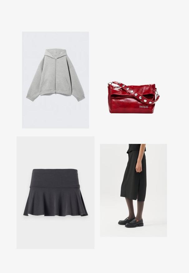 Grauer Reißverschluss-Hoodie aus weichem Baumwollmix, mit Kapuze, Kängurutaschen und gerippten Bündchen. Lockerer, oversized Schnitt.; Graues geripptes Tanktop mit rundem Halsausschnitt und ohne Ärmel. Weicher Stoff und figurbetontes Design, geeignet für lässige Outfits oder als Schicht. ; Grau ausgestellter Rock aus weichem Stoff mit einem schmalen Bund. Der Saum sorgt für eine sanfte Ausstrahlung und fördert die Bewegungsfreiheit sowie den Komfort.; Schwarzer knielanger Rock mit seitlichem Schlitz, kombiniert mit schwarzen Loafers und transparenten braunen Strumpfhosen, aus glattem Stoff und mit einem schlichten Design.; Rote synthetische Leder-Schultertasche mit einem Überklappdeckel, silbernen Druckknopfakzenten am Riemen und einem bedruckten "Desigual"-Logo.