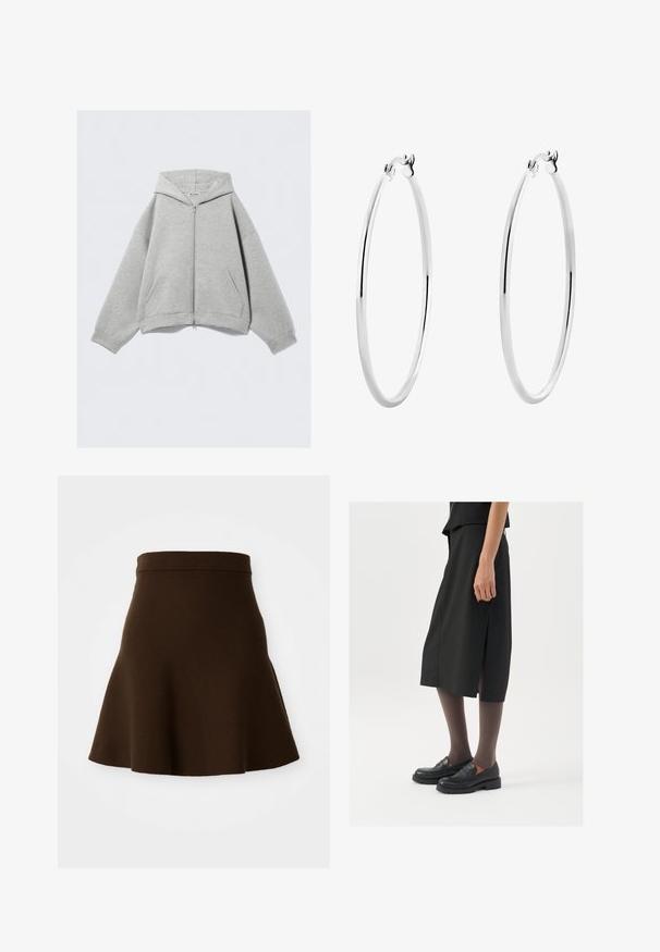Harmaa vetoketjuhuppari, joka on valmistettu pehmeästä puuvillasekoitteesta. Siinä on huppu, kenguru-taskut ja ribbaus hihansuissa. Rentoa ylisuurta muotoilua.; Harmaa ribattua hihattomaa tanktoppi, jossa on pyöreä pääntie. Pehmeä materiaali ja ihonmyötäinen malli, sopii rentoihin asuihin tai kerroksellisiin vaihtoehtoihin.; Ruskea levenevä hame pehmeästä kankaasta, jolla on sileä pinta. Hameessa on istuva vyötärö ja polvimittainen muotoilu, eikä siinä ole näkyviä kuvioita.; Mustat polvenpituinen hame, jossa on sivuaukko, yhdistettynä mustiin loafer-kengiin ja ohuisiin ruskeisiin sukkahousuihin. Hameessa on sileä kangas ja yksinkertainen muotoilu.; Hopehope hopehope hopehope hopehope hopehope, joka on sileä ja kiillotettu pinta ja ohut, pyöreä muoto. Muotoilu sisältää turvallisen lukituksen.