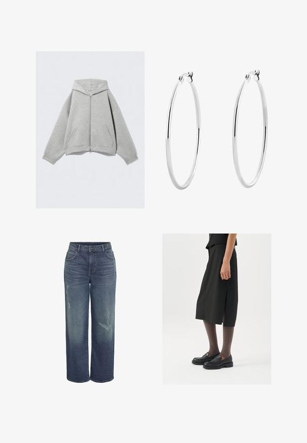 Sivá zip-up kapuca iz mehkega bombažne mešanice, z kapuco, kenguru žepi in rebrastimi manšetami. Opuščena prevelika kroja.; Siva rebrasta majica bez rukava z okruglim izrezom. Mekana tekstura i kroj koji se dobro prilagođava, pogodna za ležerne ili slojevite kombinacije.; Modre denimske široke hlače z visokim pasom, z ostrimi deli in klasičnim pet-pocket dizajnom. Mehka tekstura, sproščen kroj.; Črna krila do kolen z bočnim razporkom, v kombinaciji s črnimi loaferji in prosojnimi rjavimi nogavicami, ki imajo gladko tkanino in preprost dizajn.; Srebrni obročki za ušesa z gladkim, poliranim zaključkom in brezšivno zasnovo, s zaobljenimi robovi in varnim zapiranjem.