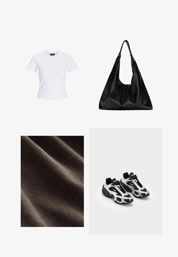 Sivá zip-up kapuca iz mehkega bombažne mešanice, z kapuco, kenguru žepi in rebrastimi manšetami. Opuščena prevelika kroja.; Bela majica s kratkimi rokavi in okroglo izrezom, izdelana iz bombažnega materiala, s prilegajočo silhueto in črno oznako blagovne znamke znotraj ovratnika.; Temno rjava tkanina z gladko, teksturirano površino, ki ima subtilne gubice in mehak, mat videz. Idealna za različne tekstilne aplikacije.; Črne in srebrne športne čevlje z mrežnim in sintetičnim zgornjim delom, ki vsebujejo značilno valovito obliko in oblazinjen ovratnik, z zračno blazino v podplatu.; Črna usnjena hobo torba z mehko, ukrivljeno obliko. Ima širok zgornji ročaj in gube na dnu, kar daje torbi udoben izgled.; Zlata večplastna ogrlica z različnimi dolžinami verig, okrasnimi obeski, ki vključujejo križe in pravokotne čare, z teksturirano površino.