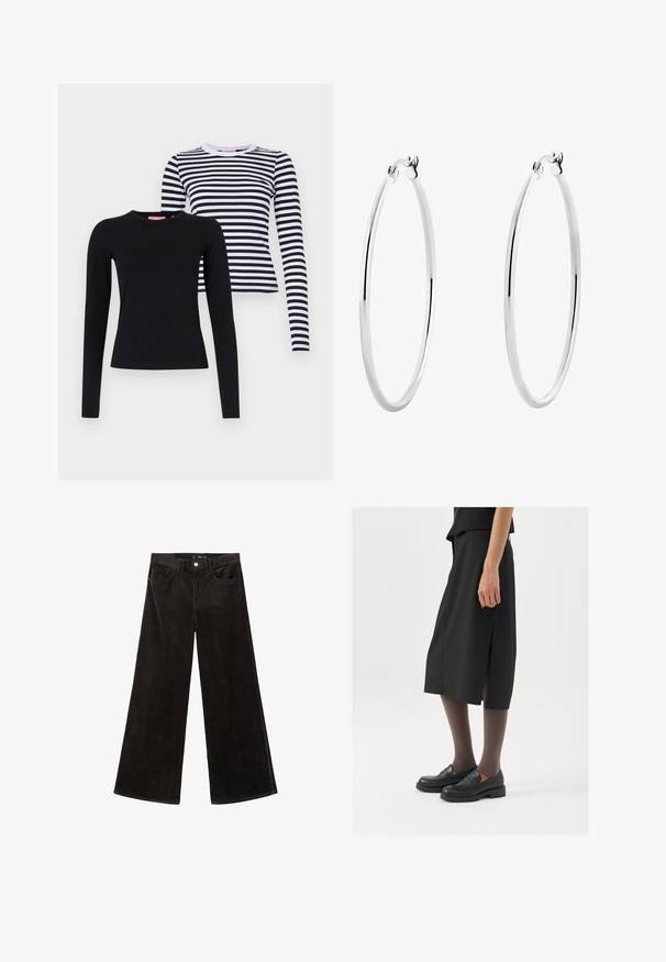 Šedá mikina na zips vyrobená z mäkkej zmesi bavlny, s kapucňou, klokankovými vreckami a rebrovanými manžetami. Uvoľnený oversized strih.; Dve blúzky s dlhým rukávom: jedna jednofarebná čierna, druhá biela s čiernymi horizontálnymi pruhmi. Obe majú okrúhly výstrih a priliehavý strih.; Čierne kordové nohavice so širokými nohavicami a vysokým pásom, vrchné vrecká a textúrovaná látka, s gombíkovým zapínaním a pútkami na opasok.; Čierna sukňa po kolená so bočným rozparkom, skombinovaná s čiernymi mokasínami a priehľadnými hnedými pančuchami, s hladkým materiálom a jednoduchým dizajnom.; Strieborné náušnice kruhy s hladkým, lešteným povrchom a bezšvovým dizajnom, ktoré majú zaoblené okraje a bezpečné zapínanie.