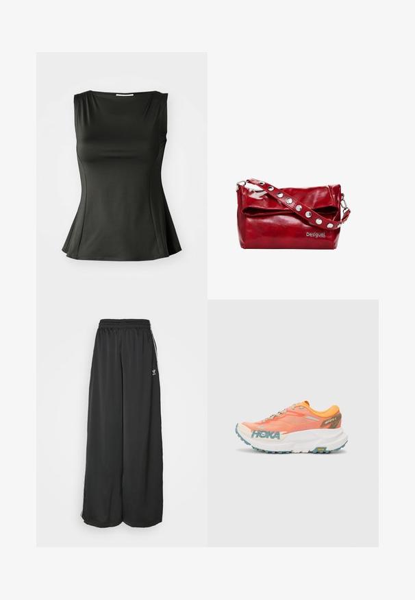 Felpa grigia con zip realizzata in morbido misto cotone, dotata di cappuccio, tasche a marsupio e polsini a coste. Vestibilità ampia e rilassata.; Top senza maniche nero realizzato in un tessuto liscio e elasticizzato; presenta un orlo svasato e un collo a barca per una silhouette attillata ma rilassata.; Pantaloni da jogging neri, morbidi e larghi, realizzati in tessuto liscio. Presentano una vita elasticizzata e strisce laterali con accenti di logo.; Scarpa da corsa arancione e rosa con tomaia in mesh, intersuola bianca, suola Vibram e dettagli in azzurro. Presenta il marchio HOKA sul lato.; Borsa a spalla in pelle sintetica rossa con pattina ripiegata, dettagli in metallo argentato sulla tracolla e logo "Desigual" stampato.