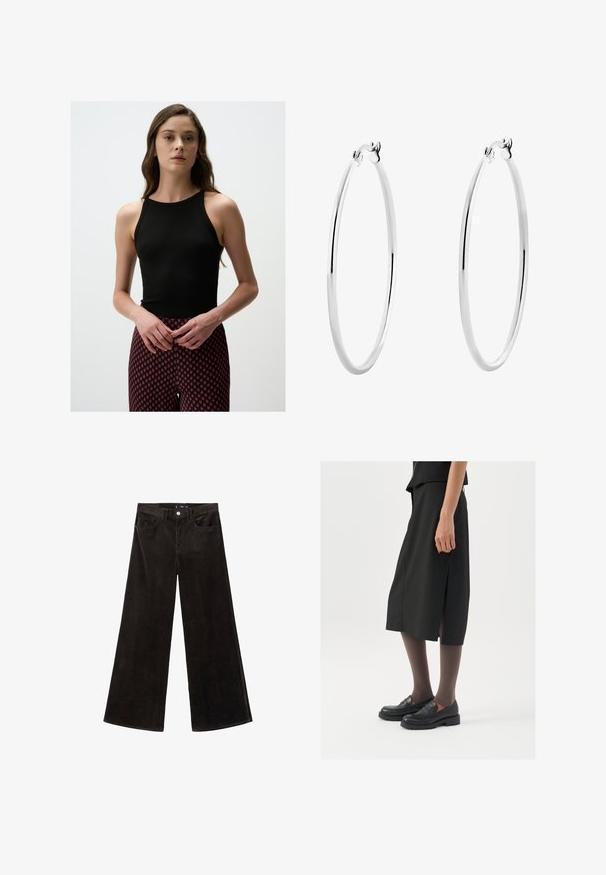 Grauer Reißverschluss-Hoodie aus weichem Baumwollmix, mit Kapuze, Kängurutaschen und gerippten Bündchen. Lockerer, oversized Schnitt.; Schwarzes, geripptes Tanktop mit hohem Kragen, kombiniert mit gemusterten roten und schwarzen Leggings mit Design in Diamantoptik. Glatte Textur, figurbetonte Passform.; Schwarze Corduroy-Hosen mit weitem Bein und hohem Bund, Fronttaschen und einem strukturierten Stoff, ausgestattet mit einem Knopfverschluss und Gürtelschlaufen.; Schwarzer knielanger Rock mit seitlichem Schlitz, kombiniert mit schwarzen Loafers und transparenten braunen Strumpfhosen, aus glattem Stoff und mit einem schlichten Design.; Silberne Creolen mit einer glatten, polierten Oberfläche und einer dünnen, runden Form. Das Design verfügt über einen sicheren Verschluss.