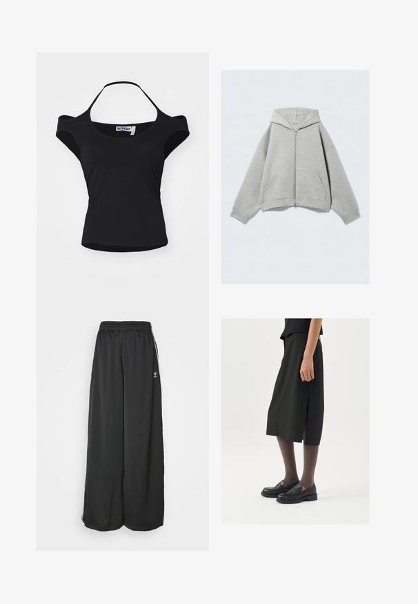 Hallise tõmblukuga kapuutsiga dressipluus, mis on valmistatud pehmest puuvilla segust, sisaldab kapuutsi, kenguruharu taskuid ja soonikservi. Mugav ja üle aja suurus.; Must mustärgiga lühikeste varrukatega topp, millel on õlgadelt avatud disain, valmistatud siledast ja venivast kangast. Omab laia kaelust ja kergelt kõverdunud ääre.; Mustad, vabalt langevad spordipüksid, mis on valmistatud siledast kangast. Omab elastset vöökoht ja külgedel triibusid koos logo aktsentidega.; Must mustre, millel on küljes lõhe, mustad mokassiinid ja läbipaistvad pruunid sukkpüksid, hellitad sujuva kangaga ja lihtsa disainiga.