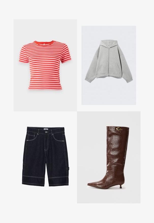 Grå zip-up hettegenser laget av myk bomullsblanding, med hette, kengurulommer og ribbestrikkede mansjetter. Avslappet oversized passform.; Rød og rosa stripet t-skjorte med korte ermer, rund hals og en tettsittende silhuett. Fabrikk av bomullsblanding med en glatt tekstur.; Mørke jeansshorts med kontrastsøm, fem lommer, knappelukking og rett snitt-design. Ingen synlige mønstre eller teksturer.; Brune krokodillemønstrede læderknæhigh støvler med spids tå og en lille, firkantet hæl. Har et guld diamantformet accent.