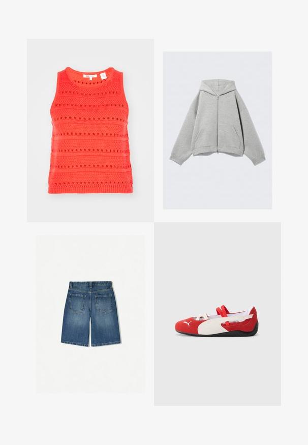 Sivi zip-up hoodie napravljen od meke mješavine pamuka, s kapuljačom, kenguruvim džepovima i rebrastim manžetama. Opusti i prevelik kroj.; Koralna majica bez rukava s teksturiranim pletenim uzorkom, koja sadrži horizontalne pruge i detalje od otvorenog rada, okrugli izrez.; Traper šorts u srednje plavoj boji s opuštenim krojem, koji sadrže dva stražnja džepa i čistu, ravnu donju ivicu. Klasičan dizajn s pet džepova.; Crvene i bijele nubuk cipele s niskim profilom, koje imaju elastične trake i teksturiranu crnu gumenu potplat. Puma logotip sa strane.