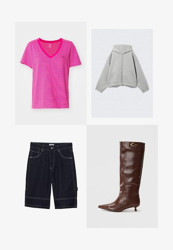 Harmaa vetoketjuhuppari, joka on valmistettu pehmeästä puuvillasekoitteesta. Siinä on huppu, kenguru-taskut ja ribbaus hihansuissa. Rentoa ylisuurta muotoilua.; Vaaleanpunaisessa ja valkoisessa raidallisessa t-paidassa on V-pääntie, lyhyet hihat ja pieni logo rinnassa. Pehmeä puuvillamateriaali.; Tummat farkkushortsit, joissa on kontrastiväriset ompeleet, viisi taskua, napitus ja suora leikkaus. Ei näkyviä kuvioita tai tekstuureja.; Ruske nahodne kožne čizme do kolena s uzorkom krokodila, s oštrom kapicom i malim, kvadratnim potpeticama. Imaju zlatni akcent u obliku dijamanta.